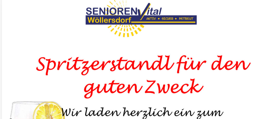 Eine Werbung für eine Spritzerstand-Veranstaltung am 11. Juni 2026 um 15 Uhr in Wöllersdorf mit einem Glas Wein und einer Zitronenscheibe. Der Erlös geht an das Kinderhospiz.