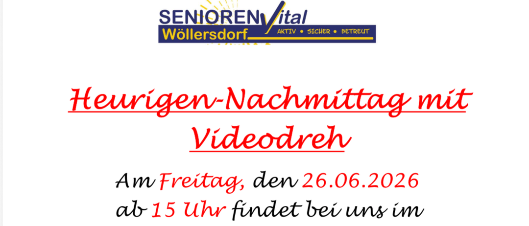 Am Freitag, den 26.06.2026 ab 15 Uhr findet bei uns im Senioren Vital Wollersdorf wieder ein Heurigen-Nachmittag statt. Ein kleiner Videodreh wird uns den Nachmittag versüßen. Karin Schmidt freut sich auf zahlreiche Teilnehmer.