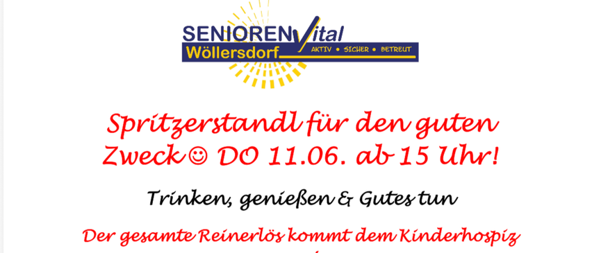 Anzeige für eine Weinprobe am 11. Juni ab 15 Uhr. Getränke, Genuss und Gutes tun. Der Reinerlös kommt dem Kinderhospiz zugute. Verfügbare Getränke: Apfel, Rosi, Holler, Weiß, Roter. Brotoptionen: Kürbiskernaufstrich, Liptauer, Verhoeckts, Schmalz, Schmalz & Zwiebel. Jeder Euro zählt.