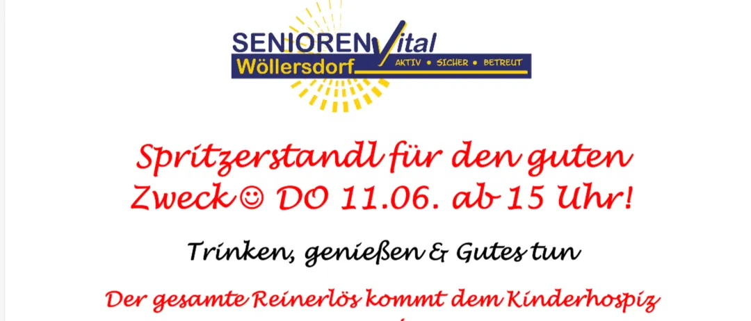 Anzeige für eine Weinprobe am 11. Juni ab 15 Uhr. Getränke, Genuss und Gutes tun. Der Reinerlös kommt dem Kinderhospiz zugute. Verfügbare Getränke: Apfel, Rosi, Holler, Weiß, Roter. Brotoptionen: Kürbiskernaufstrich, Liptauer, Verhoeckts, Schmalz, Schmalz & Zwiebel. Jeder Euro zählt.