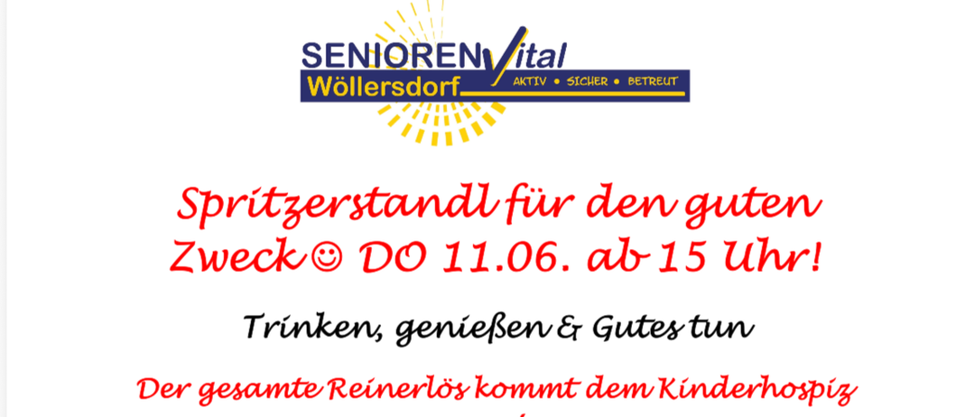 Anzeige für eine Weinprobe am 11. Juni ab 15 Uhr. Getränke, Genuss und Gutes tun. Der Reinerlös kommt dem Kinderhospiz zugute. Verfügbare Getränke: Apfel, Rosi, Holler, Weiß, Roter. Brotoptionen: Kürbiskernaufstrich, Liptauer, Verhoeckts, Schmalz, Schmalz & Zwiebel. Jeder Euro zählt.