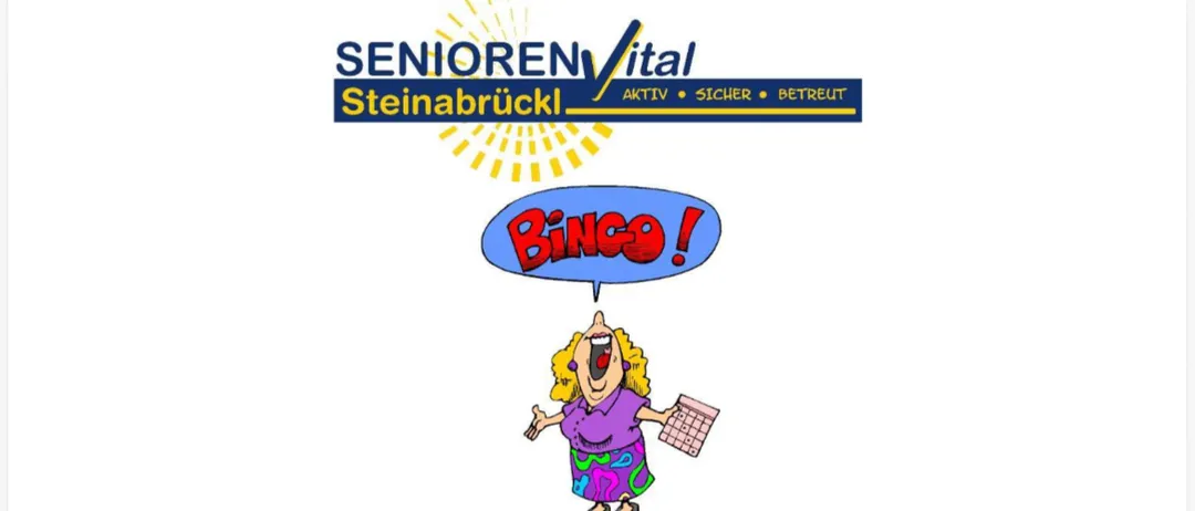 Ein Plakat für eine Bingo-Veranstaltung am Donnerstag, den 15. Oktober 2026, um 15 Uhr bei Senioren Vital Steinabruckl. Es zeigt eine Cartoon-Figur, die eine Bingo-Karte hält.