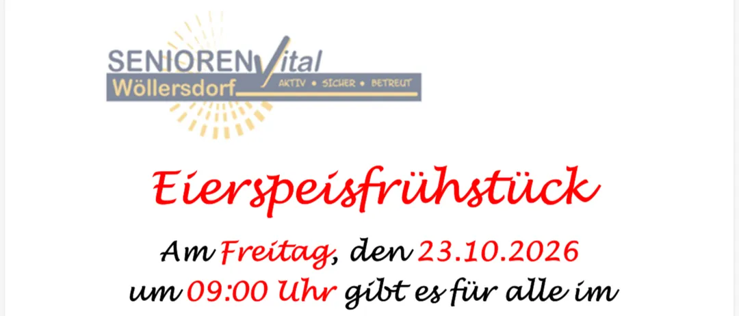 Ein Plakat für ein Frühstücksevent im Senioren Vital Wolkersdorf am 23.10.2026 um 09:00 Uhr. Das Plakat zeigt ein Bild eines Tellers mit Rührei und Toast, begleitet von einem lächelnden Gesicht und der Botschaft 'Ich freue mich schon auf euch!'