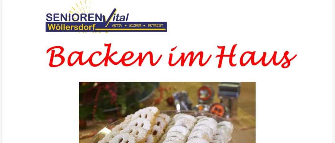 Ein Flyer für eine Backsession bei Senioren Vital Wolkersdorf. Der Flyer zeigt ein Foto von einem Teller mit Keksen und eine Nachricht von Karin Schmidt, die die Teilnehmer willkommen heißt.