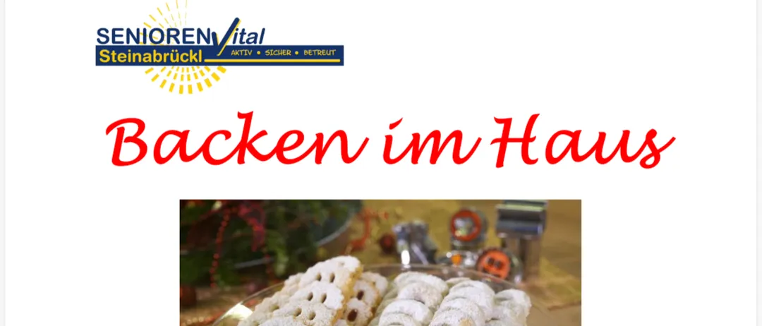 Eine Einladung zur Backveranstaltung bei Senioren Vital Steinabrück. Das Bild zeigt einen Teller mit Keksen mit dem Text 'Backen im Haus' und dem Datum 5. November 2026.