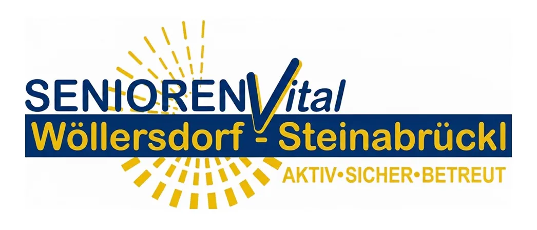 Senioren Vital Kollersdorf-Steinabrueck. Das Logo zeigt gelbe Strahlen und den Slogan 'Aktiv, Sicher, Bett'.