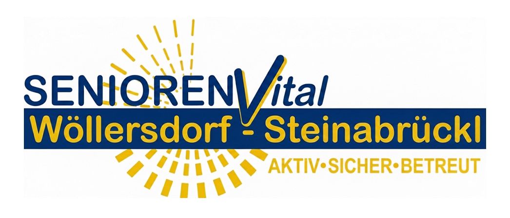 Senioren Vital Kollersdorf-Steinabrueck. Das Logo zeigt gelbe Strahlen und den Slogan 'Aktiv, Sicher, Bett'.