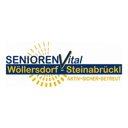 SeniorenVital Wollersdorf-Steinabrueckle Logo in Gelb und Blau mit Sonnenaufgang hinter dem Text. Es steht Aktiv.Sicher.Betreut.