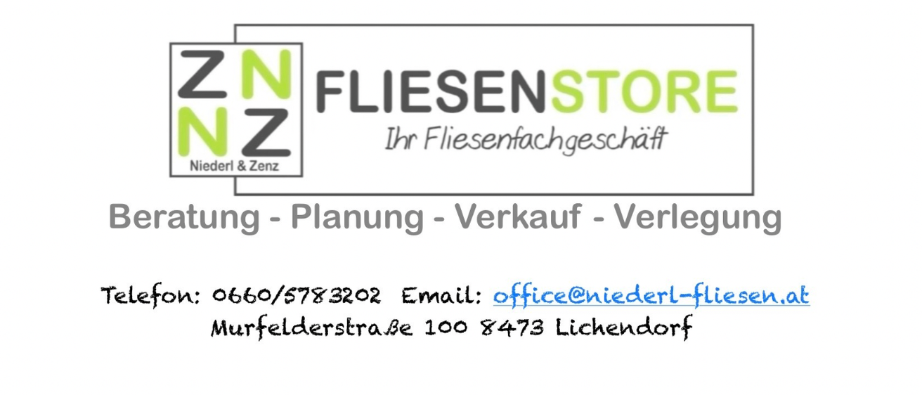 Visitenkarte für ZNZ Fliesenstore, ein Fliesengeschäft, das Beratung, Planung, Verkauf und Installation anbietet. Kontaktinformationen umfassen eine Telefonnummer und E-Mail-Adresse, mit einer Adresse in Lichendorf.