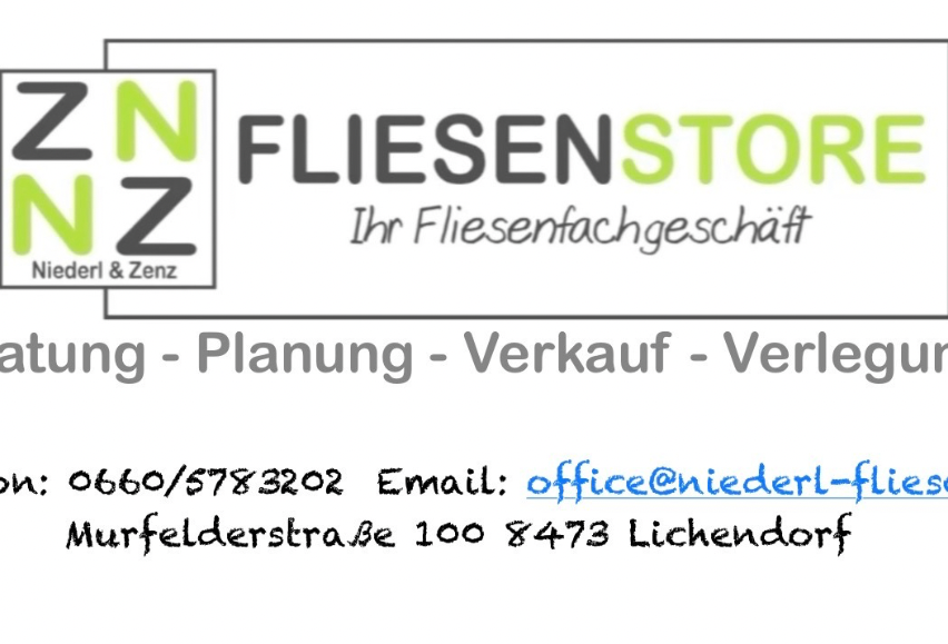Visitenkarte für ZNZ Fliesenstore, ein Fliesengeschäft, das Beratung, Planung, Verkauf und Installation anbietet. Kontaktinformationen umfassen eine Telefonnummer und E-Mail-Adresse, mit einer Adresse in Lichendorf.