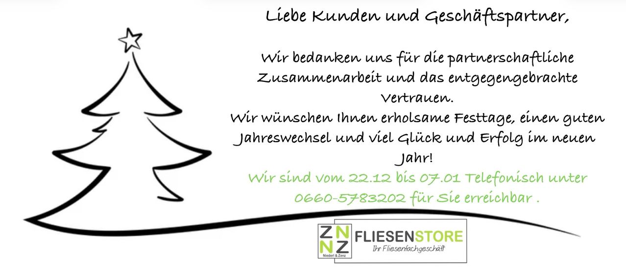 Das Bild zeigt eine Nachricht, die Kunden für ihre Zusammenarbeit und ihr Vertrauen bedankt, ihnen einen erholsamen Jahreswechsel und viel Glück wünscht. Es gibt Kontaktinformationen und erwähnt eine Schließungszeit.