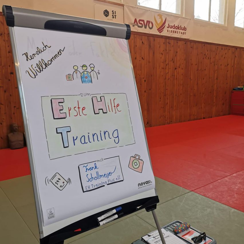 Ein Whiteboard mit einem Flipchart-Ständer, das Erste Hilfe Training in Blau und Pink zeigt. Es gibt Zeichnungen von Menschen und Symbolen. Der Hintergrund zeigt einen Raum mit rotem Boden und Holzwänden.