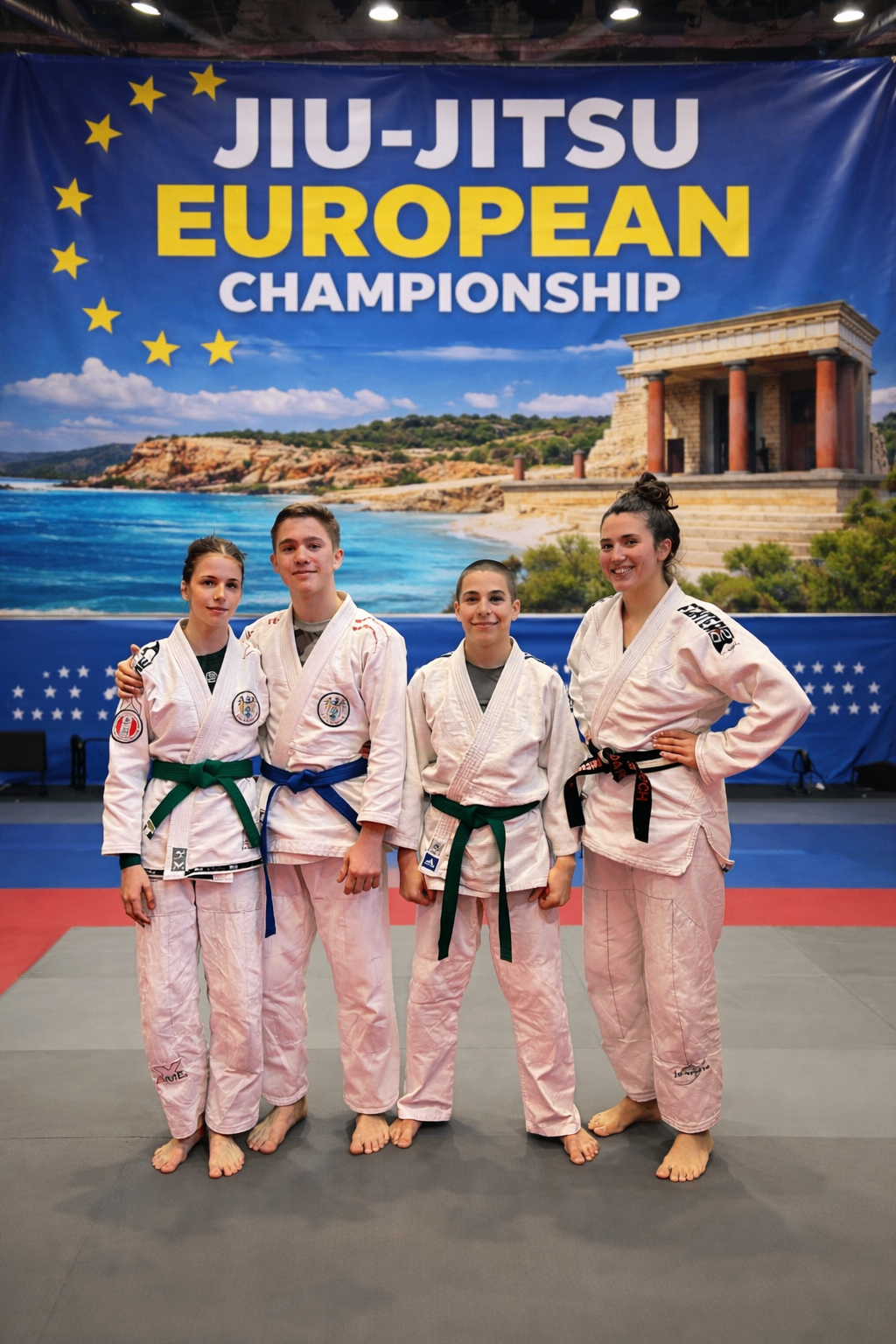 Vier Personen in Kampfsportuniformen stehen gemeinsam vor einer Kulisse mit einem Banner, das 'Europäische Meisterschaft' besagt. Dahinter ist eine malerische Ansicht eines Strandes und eines historischen Gebäudes zu sehen.