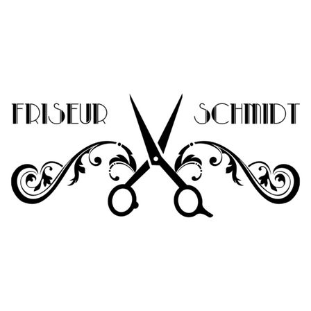 Ein schwarz-weißes Logo mit Scheren und dekorativen Wirbeln auf weißem Hintergrund, begleitet von den Worten 'Friseur Schmidt' in fetter Schrift.