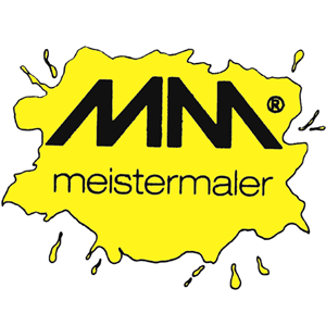 Ein gelber Spritzer mit dem 'MN' Logo und 'meistermaler' Text, ein Wortspiel mit 'Meistermaler', in einer verspielten Schrift.