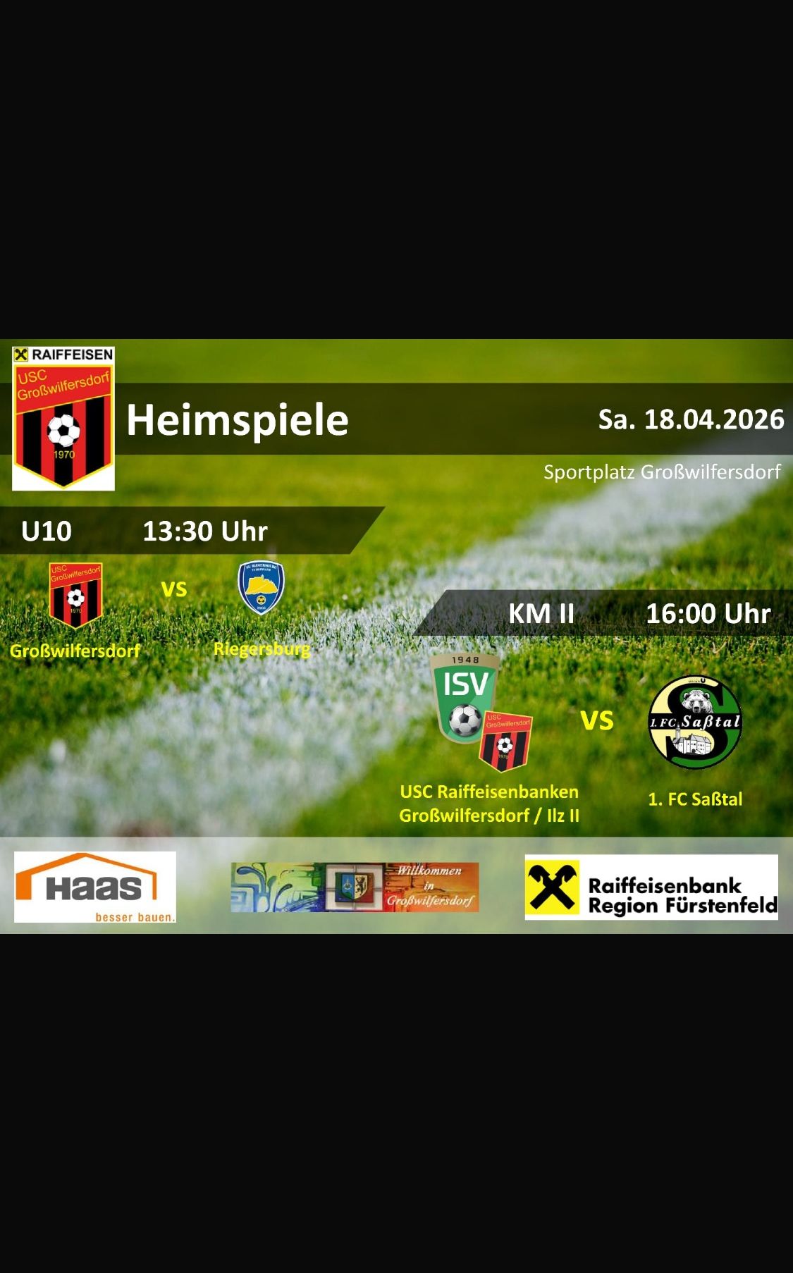 A soccer game schedule on a field shows two games. The first at 1:30 PM between GroWilfersd and Rlegersburg. The second at 4 PM between ISV and LFC SaBtal.