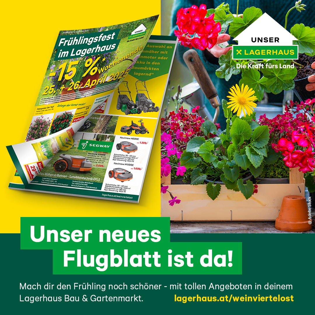 Werbung für einen Frühlingsverkauf bei Lagerhaus, mit einer Broschüre, Blumen und Gartenwerkzeugen. Der Text hebt Rabatte und die Veröffentlichung eines neuen Flyers hervor.