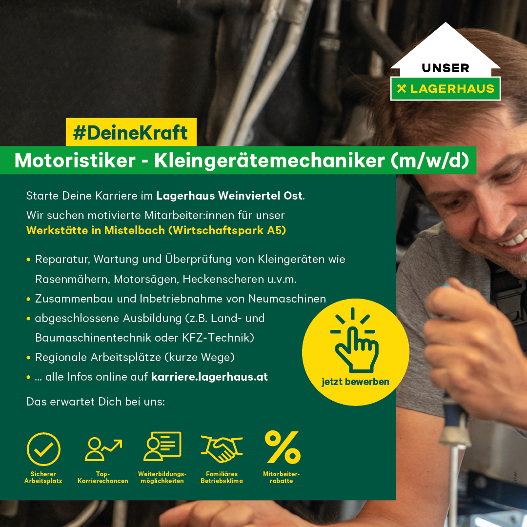 Ein Mann lächelt und hält ein Werkzeug. Ein Plakat von Lagerhaus Weinviertel Ost bietet einen Job als Mechaniker für Kleingeräte. Vorteile sind sicherer Arbeitsplatz, Karrierechancen, Entwicklungsmöglichkeiten, familienfreundliches Umfeld und Mitarbeiterrabatt. Mehr Infos unter karriere.lagerhaus.at. #DeineKraft.