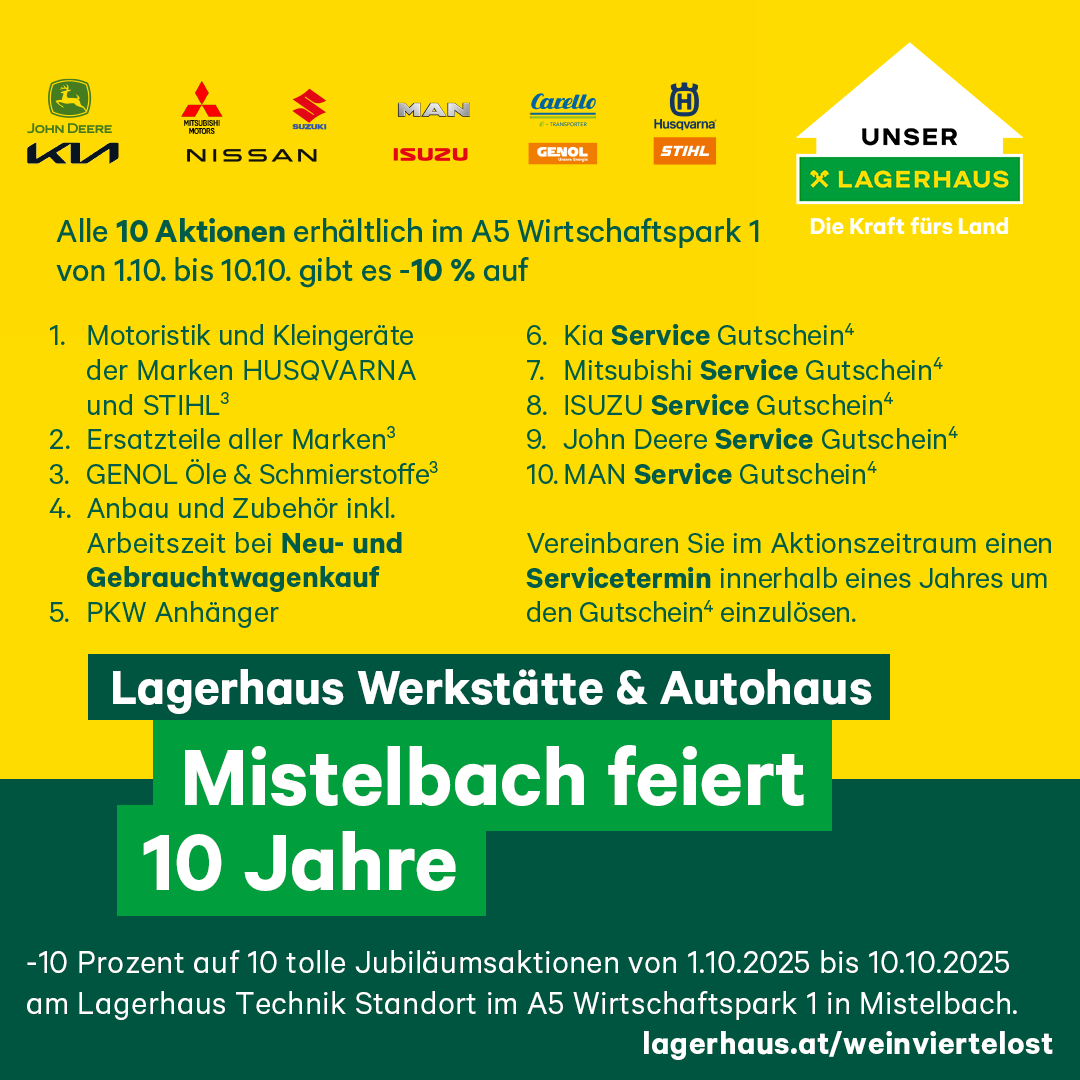 Die Werbung zeigt Lagerhaus Werkstatte & Autohaus Miselbach, das 10 Jahre feiert und vom 1.10.2025 bis 10.10.2025 10% Rabatt auf verschiedene Dienstleistungen und Produkte anbietet. Dazu gehören Rabatte auf Motorfahrzeuge, Kleingeräte, Ersatzteile, Öle, Schmierstoffe und Zubehör. Kunden können innerhalb eines Jahres einen Servicetermin buchen, um Gutscheine einzulösen.