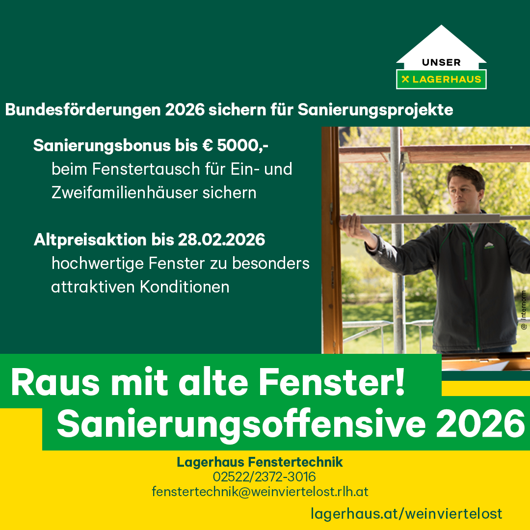 Werbung für Bundesförderungen 2026 für Sanierungsprojekte. Bonus bis zu 5000 Euro für Fensteraustausch in Ein- und Zweifamilienhäusern. Aktion bis 28.02.2026. Kontaktieren Sie Lagerhaus Fenstertechnik unter 02522/2372-3016.