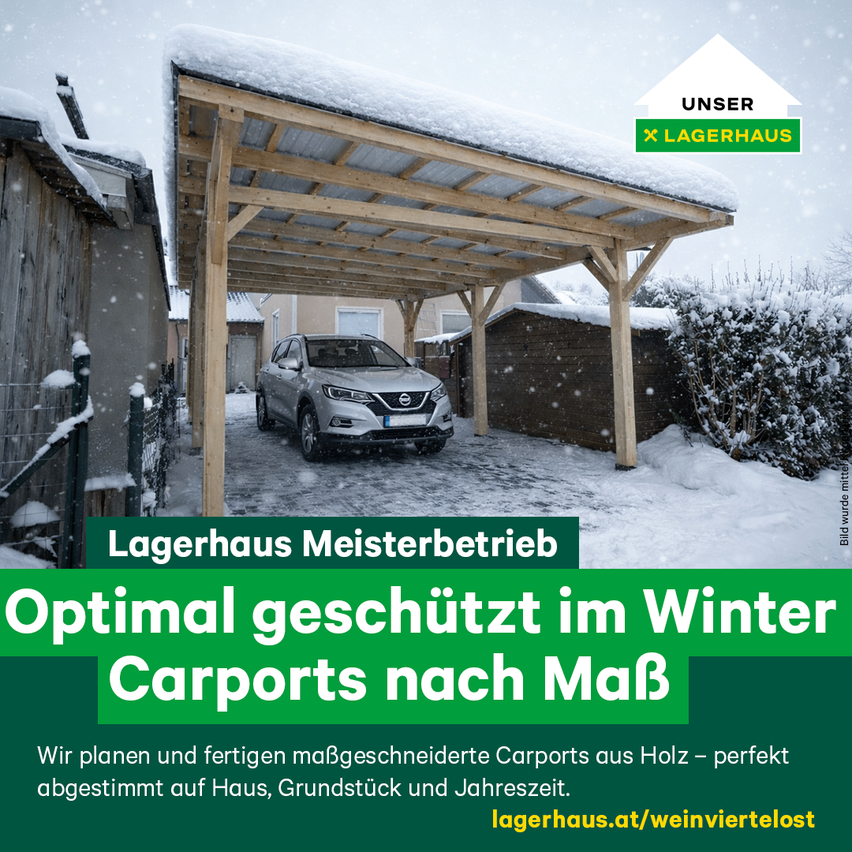 Eine Werbung für Lagerhaus Meisterbetrieb zeigt einen Carport mit einem darunterliegenden Auto, das von Schnee bedeckt ist. Der Text handelt von maßgeschneiderten Carports.