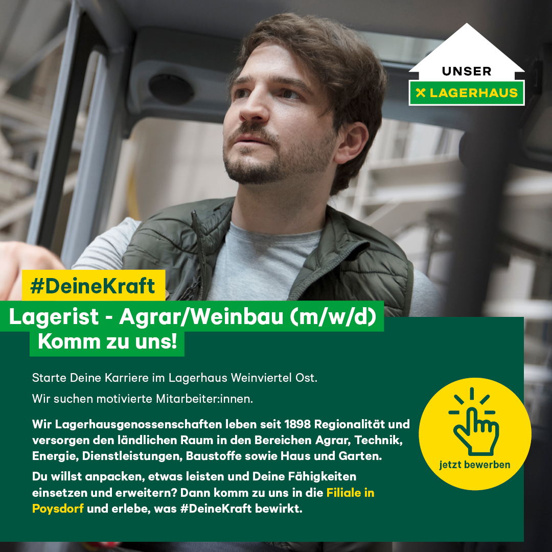 A man is driving a vehicle, wearing a vest and a gray shirt. The image has a watermark and a yellow circle with a hand symbol. The text reads Lagerist - Agrar/Weinbau (m/w/d) Komm zu uns! It is a job advertisement for a storage specialist in the agricultural/wine industry.