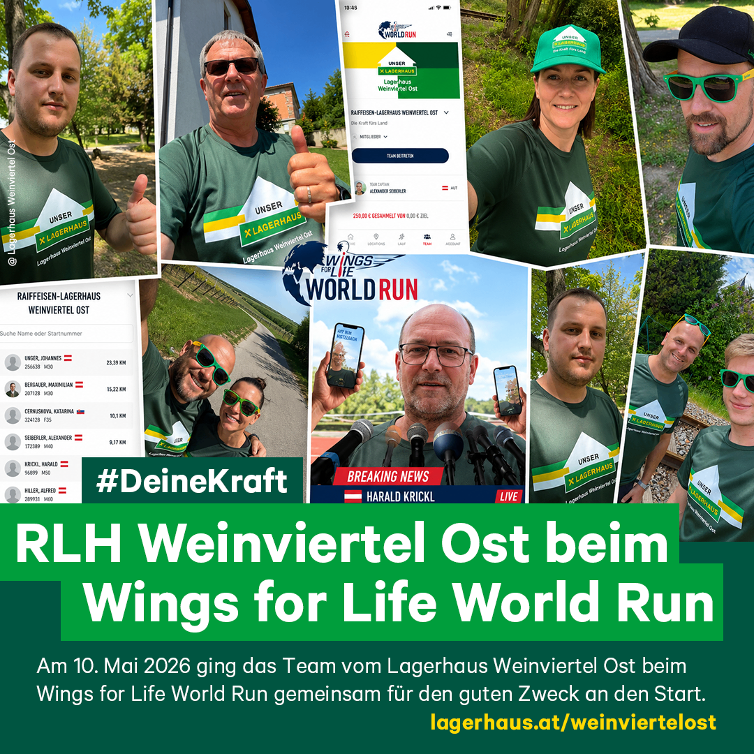 Collage von Menschen in grünen Shirts und Mützen, die für den R.L.H. Weinviertel Ost Wings for Life World Run werben. Eine Nachrichtensendung wird gezeigt mit einem Titel über Harald Krickl.