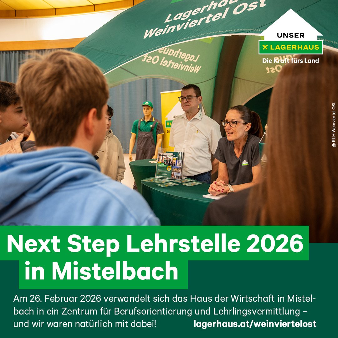 Plakat für Next Step Lehrstelle 2026 in Mistelbach, zeigt eine Gruppe von Menschen, einen Tisch mit Materialien und ein grünes Zelt. Datum: 26. Februar 2026.