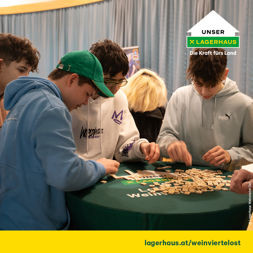 Vier Jungen spielen ein Dominospiel auf einem grünen Tisch. Das Bild ist ein Werbebild für Lagerhaus mit dem Slogan 'Die Kraft für das Land'.
