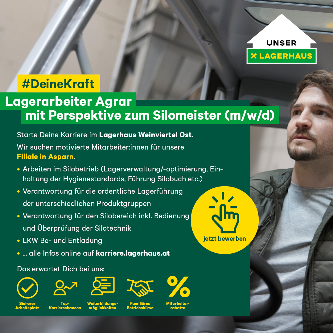 Stellenausschreibung für Lagerarbeiter Agrar mit Aussicht auf Silomeister. Arbeite bei Lagerhaus Weinviertel Ost in Asparn. Verantwortlichkeiten umfassen Lagerverwaltung, Einhaltung von Hygienestandards und Silowartung. Weitere Infos unter karriere.lagerhaus.at.