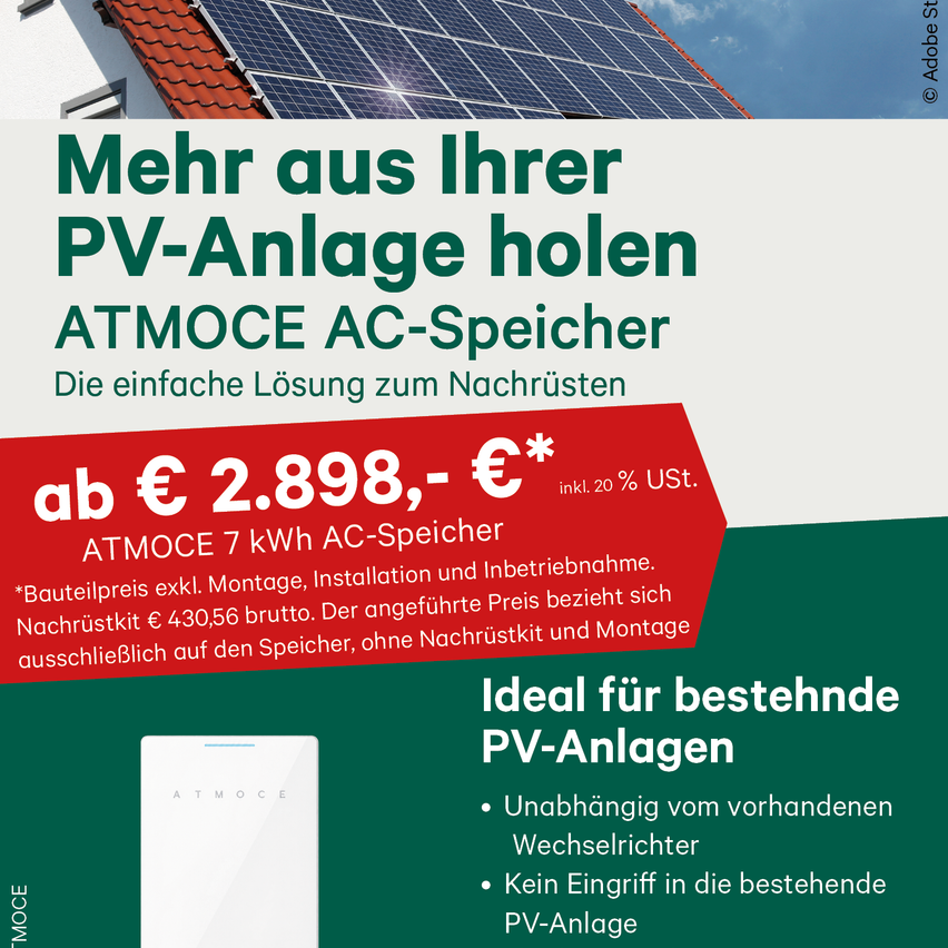 Werbeanzeige für ATMOCE AC-Speicher, die seine Vorteile für bestehende PV-Anlagen hervorhebt. Es zeigt einen Solarpanel auf einem Dach, einen Preis von 2.898 Euro und eine Liste von Vorteilen.
