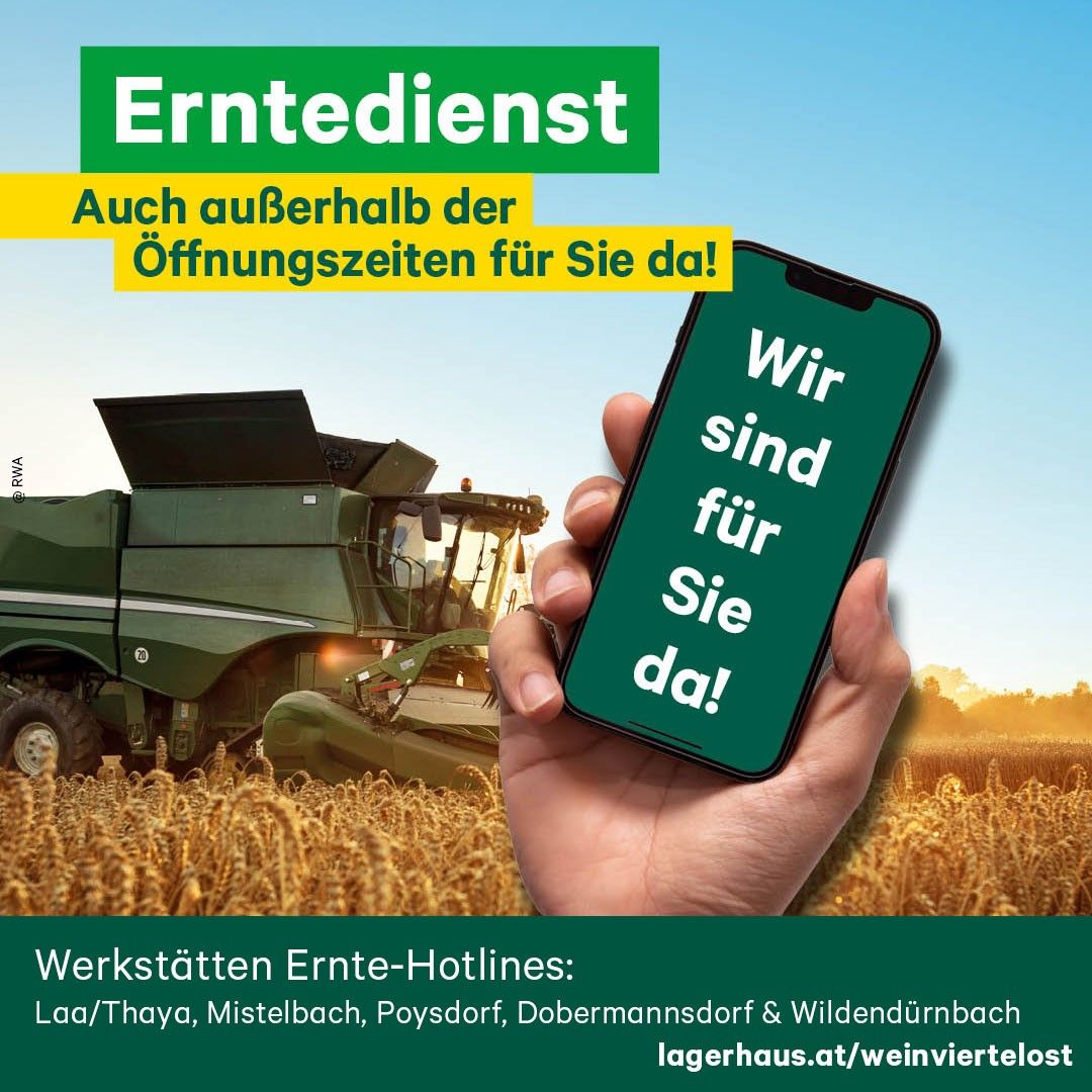 Erntedienst! Auch außerhalb der Öffnungszeiten für Sie da. Weizenfeld mit Mähdrescher und ein Smartphone im Vordergrund mit dem Text am Bildschirm: Wir sind für Sie da!