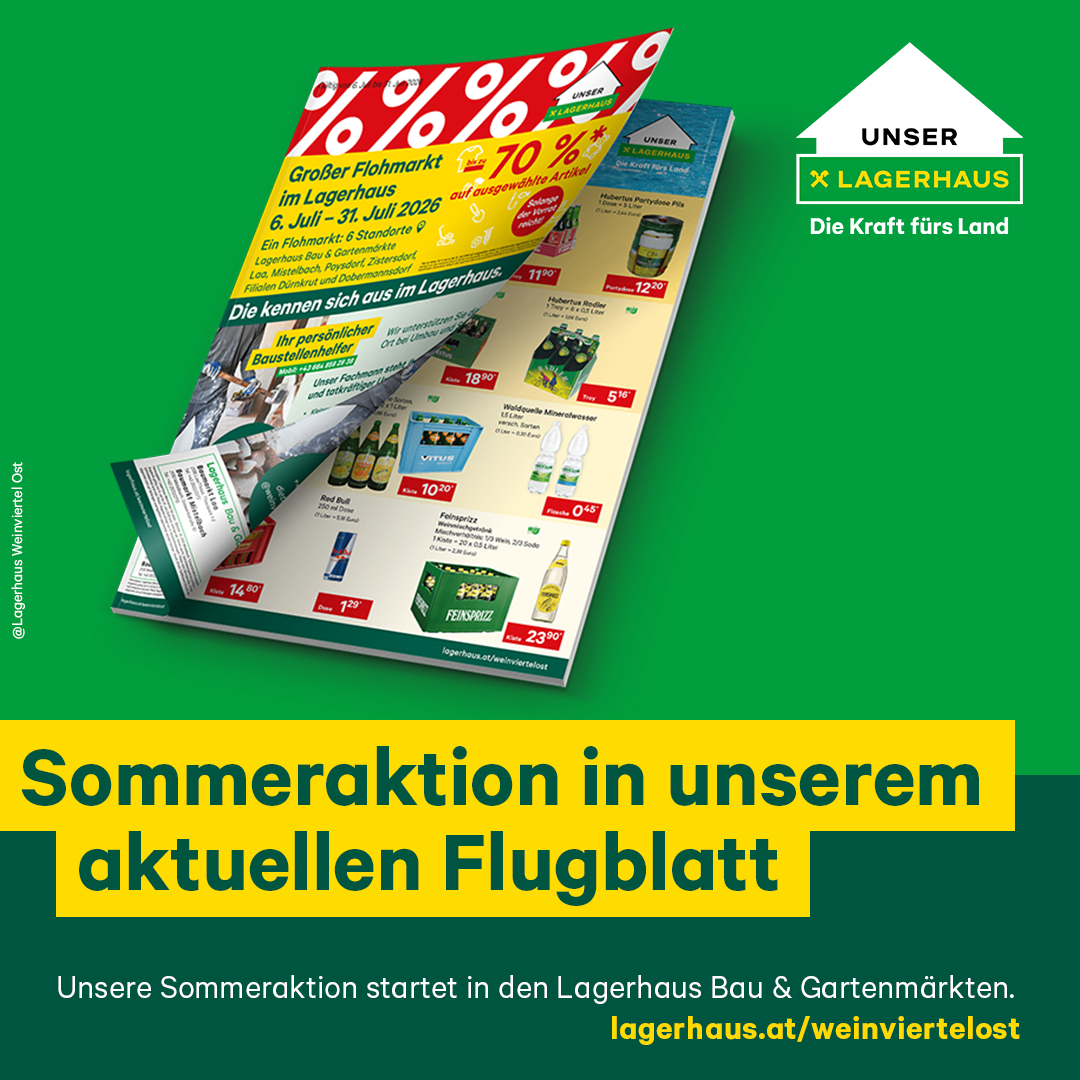 Lagerhaus Flugblatt Juni 2026 auf grünem Hintergrund. Sommeraktionen in unserem Lagerhaus Flugblatt.