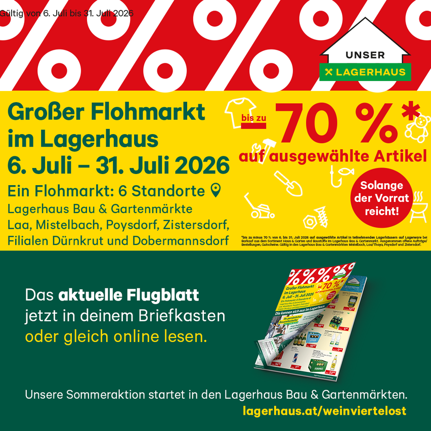 Flohmarkt mit sechs Standorten. Lagerhaus-Geschäfte und Gartenmärkte. 6. Juli - 31. Juli 2026. Bis zu 70% Rabatt auf ausgewählte Artikel. Lesen Sie den aktuellen Flyer in Ihrem Briefkasten oder online.