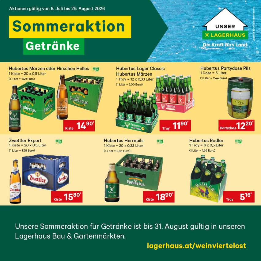 Werbung für Lagerhaus Sommeraktion für Getränke. Beinhaltet Preise für verschiedene Bierprodukte, gültig bis 31. August. Die Aktion ist in Lagerhaus Bau & Gartenmärkten erhältlich.