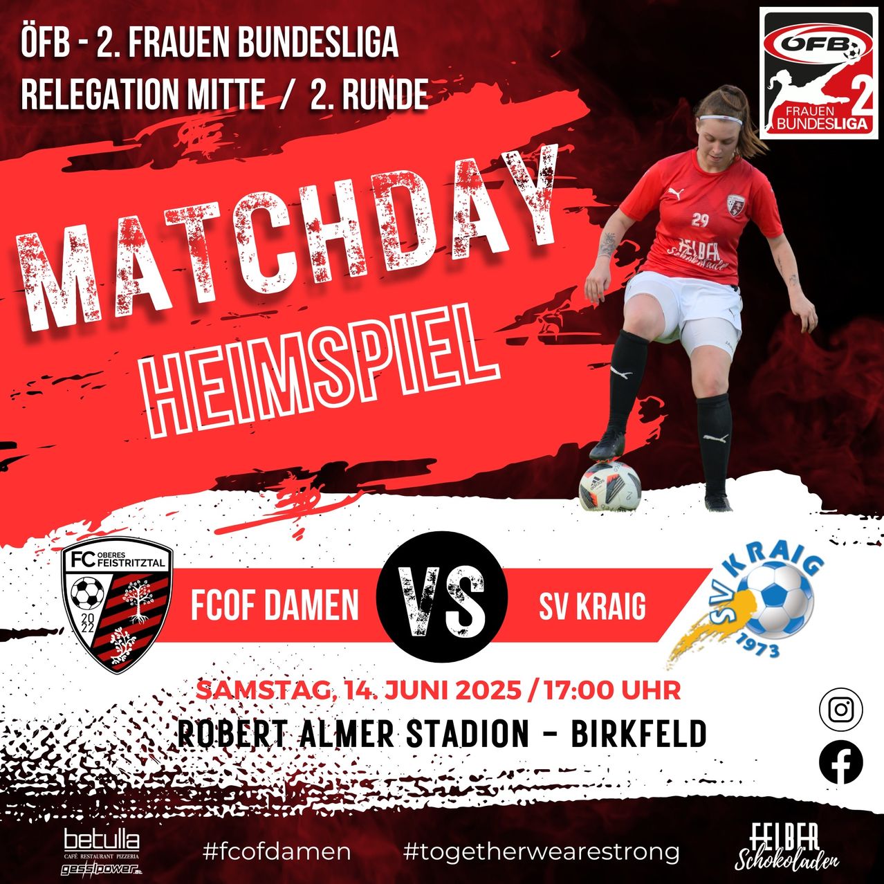 Spieltag der 2. Frauen Bundesliga. FCOF Damen gegen SV Kraig. Datum: 14. Juni 2025. Zeit: 17:00 Uhr. Austragungsort: Robert Almer Stadion - Birkfeld.