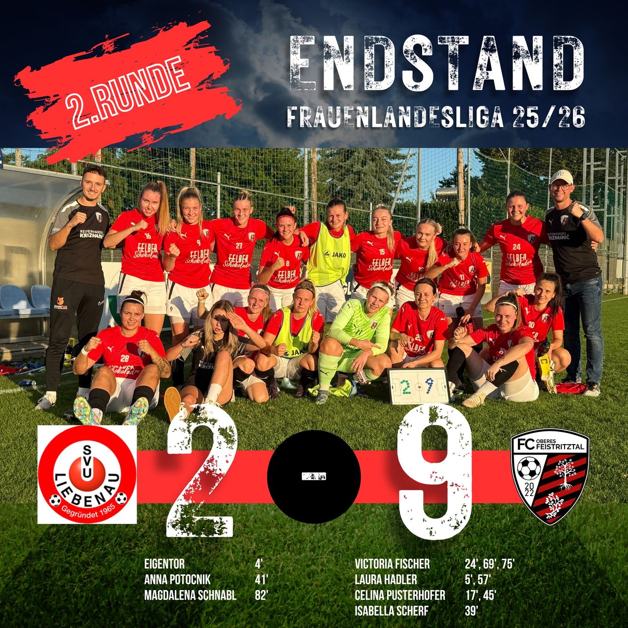 Eine Fußballmannschaft posiert für ein Foto auf dem Feld. Der Text lautet 2. Runde und Endstand. Die Spieler tragen rote Trikots. Das Ergebnis ist 2-9.