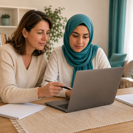 Zwei Frauen studieren gemeinsam. Eine ist älter, die andere ist jünger und trägt ein Kopftuch. Sie sehen sich einen Laptop auf einem Tisch an.