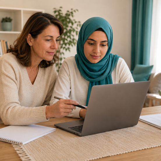 Zwei Frauen studieren gemeinsam. Eine ist älter, die andere ist jünger und trägt ein Kopftuch. Sie sehen sich einen Laptop auf einem Tisch an.