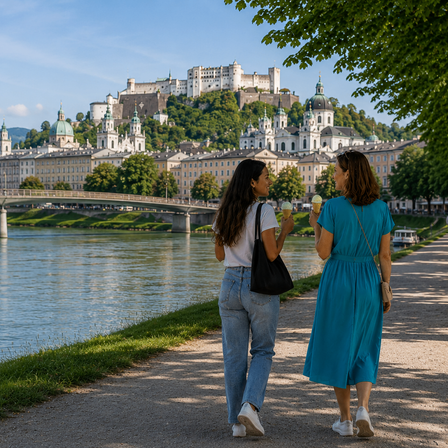 Zwei Frauen spazieren auf einem Pfad am Fluss, mit einer Stadt und einer Burg im Hintergrund. Eine Frau hält Eiscreme.