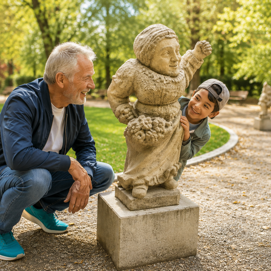 Ein älterer Mann und ein junger Junge bewundern eine Statue in einem Park. Die Statue zeigt eine Frau mit Blumen.