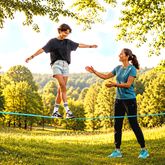 Eine Frau balanciert auf einem Seil, während ein Mädchen sie unterstützt. Beide tragen Turnschuhe und lächeln. Der Ort ist im Freien mit üppigen grünen Bäumen und einem bewölkten Himmel.