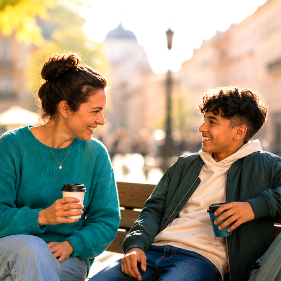 Eine junge Frau und ein junger Mann sitzen auf einer Bank, lächelnd und mit Kaffeetassen in der Hand, in einem urbanen Umfeld.