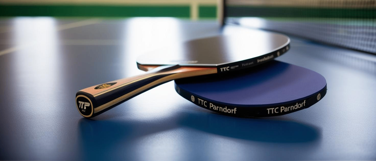 Zwei TTC Tischtennisschläger liegen auf einem blauen Tisch in einem Raum mit zwei Fenstern.