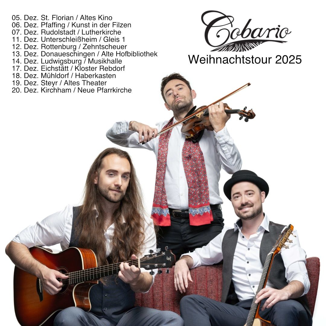 Poster für Cobario's Weihnachtstour 2025, mit drei Männern, die Instrumente spielen. Liste der Orte und Termine.