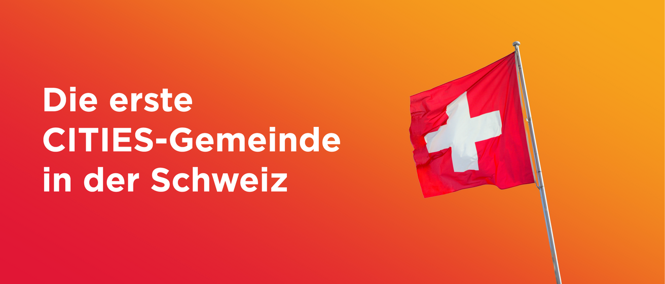 Eine Schweizer Flagge ist auf einem orangefarbenen Hintergrund zu sehen, mit dem Text Gemeinde Schweiz darüber.