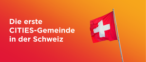 Eine Schweizer Flagge ist auf einem orangefarbenen Hintergrund zu sehen, mit dem Text Gemeinde Schweiz darüber.