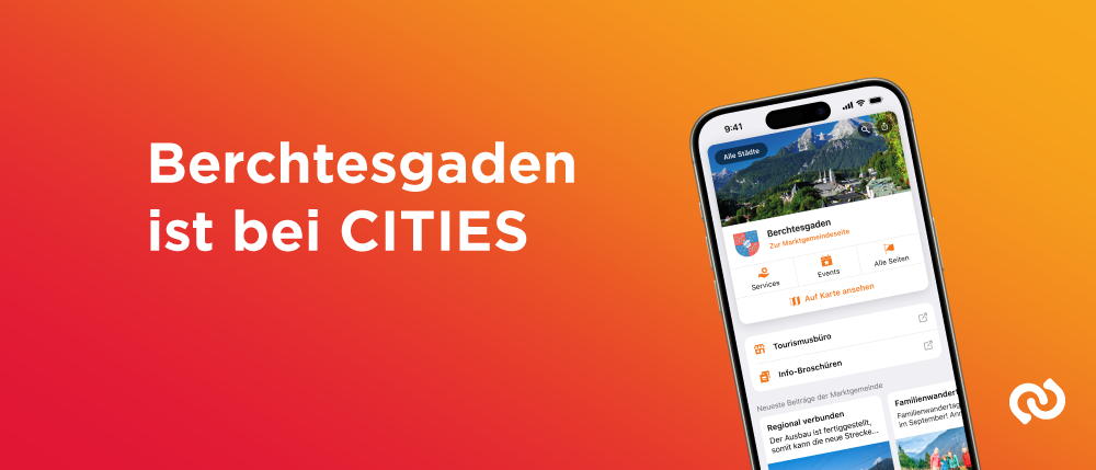 Ein Smartphone zeigt die CITYES-App mit einer Karte von Berchtesgaden. Die Benutzeroberfläche der App bietet Optionen für Veranstaltungen, Dienstleistungen und die Anzeige der Karte auf dem Bildschirm.