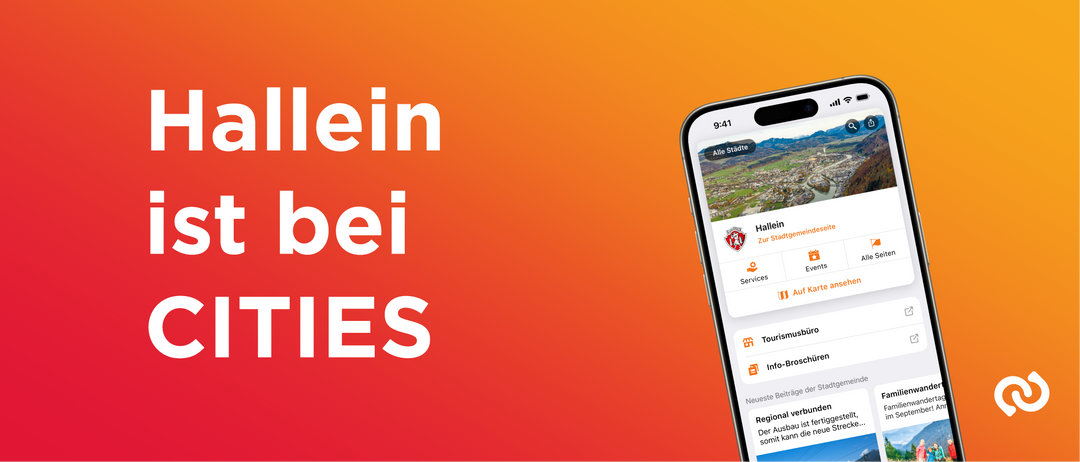 Eine Werbung für eine App zeigt die Zeit 9:41 und ein Bild einer Stadt, wobei die Wörter 'Alle Städte' und 'Hall' sichtbar sind. Die App ist auf einem Handy geöffnet.