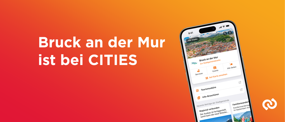 Werbung für eine Smartphone-App, die eine urbane Landschaft um 9:41 Uhr zeigt. Die App-Oberfläche enthält Optionen wie 'Zu', 'In' und 'Neueste'. Das Smartphone ist auf einem orangefarbenen Hintergrund positioniert.
